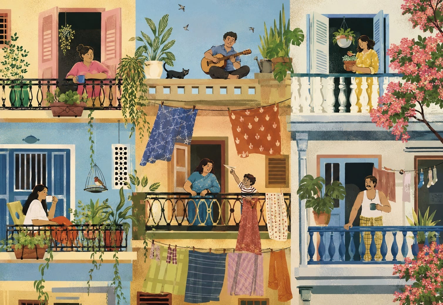 A warm illustrated apartment scene with balconies, plants, music, and neighbors.